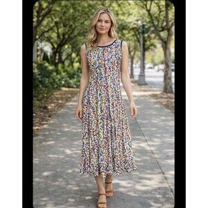 ILE NY Women 12 Multicolor Abstract Dot Sleeveless Midi Dress Ruffle Hem 90s y2K